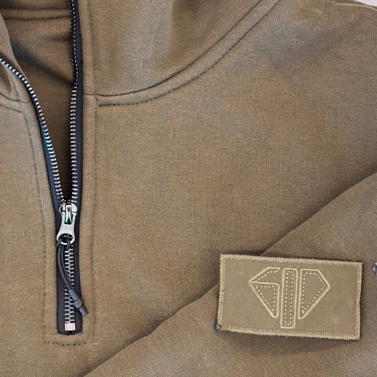 1/4 ZIP Double Layered Hoodie : OLIVE GREEN